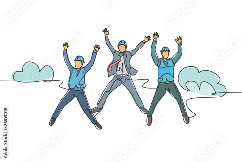 One line drawing of young happy business man and business woman jumping to celebrate their successive business. Business deal celebration concept. Continuous line draw design vector illustration