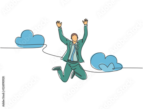 One line drawing of young happy and energetic business man stretch out his hands into the air and jumping over the cloud. Business celebration concept continuous line draw design vector illustration