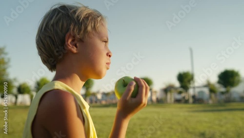 Cute child boy portrait stay in apple tree garden outdoors eating green juicy apple. High quality 4k footage