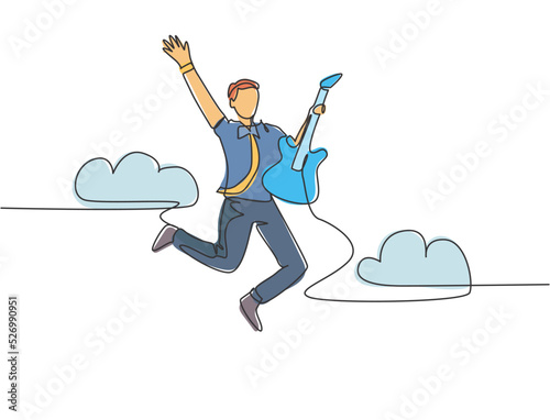 Single line drawing of young energetic guitarist jumping at stage and playing his electric guitar. Energetic musician artist performance concept. Continuous line draw design vector illustration