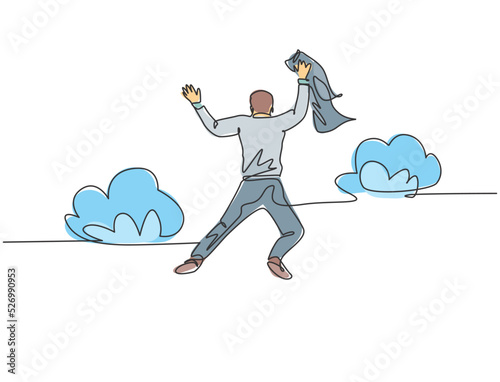 One line drawing of young happy and energetic business man stretch out his hands into the air and jumping over the cloud. Business celebration concept continuous line draw design vector illustration