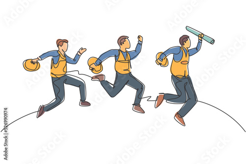 One line drawing of young happy worker construction and architect jumping to reach his business target together. Business team goal concept continuous line draw graphic design vector illustration