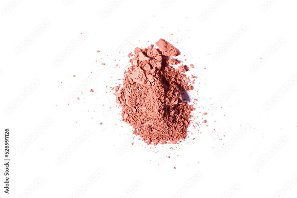 Powder makeup on white background. Pile of ground makeup powder isolated on solid background. Powder makeup on white background. Pile of ground makeup powder isolated on solid background.