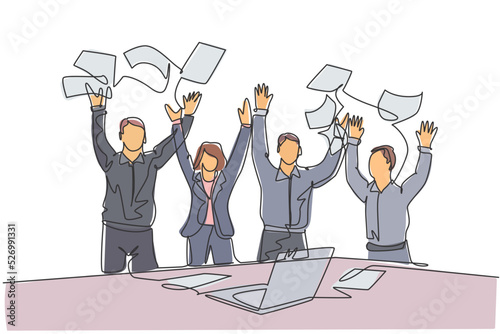 One single line drawing of young male and female stockbroker celebrate their success win on the stock exchange. Stock exchange business concept continuous line draw graphic design vector illustration