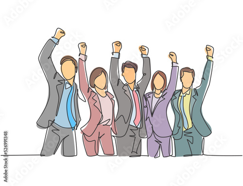 One single line drawing of group of male manager and female manager celebrating their success achieve the business target. Team work goal concept continuous line draw design vector illustration