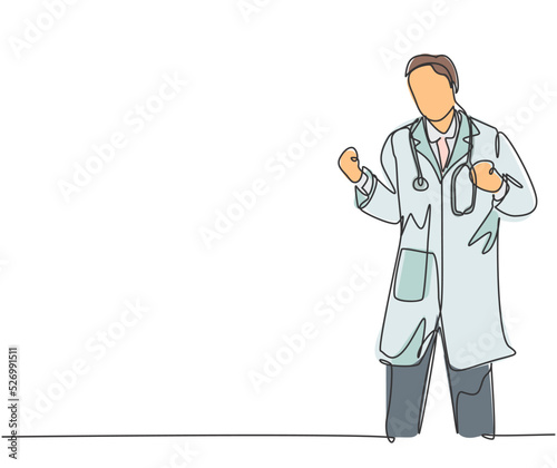 One single line drawing of young happy male doctor fist his hands to the air to celebrate his success find a new drugs. Medical health care concept continuous line draw design vector illustration
