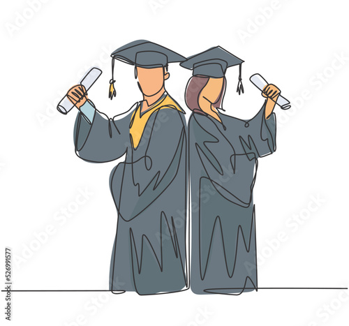 One continuous line drawing of young happy couple graduate college student hold paper and celebrate their graduation from university. Education concept. Single line draw design vector illustration