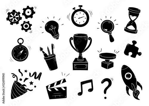 Quiz set silhouette in simple style, vector illustration. Icon question symbol for print and design. Quiz and Exam concept, isolated element on a white background. Collection of sign for school