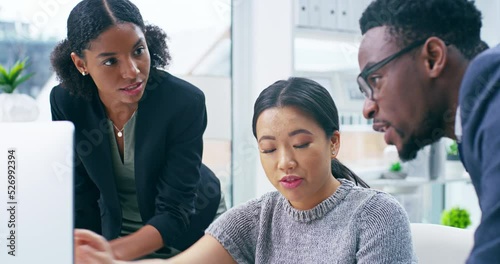 Collaboration of graphic design business people with computer in an office company. Diversity corporate man and women in creative marketing team working on project management ,website ux or ui design
