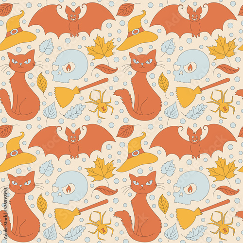 Seamless pattern with retro 70s style Halloween elements. Skull, hat, spider and cat. Autumn simple minimalist background with sparkles. 1970 good vibes. Vector illustration. 