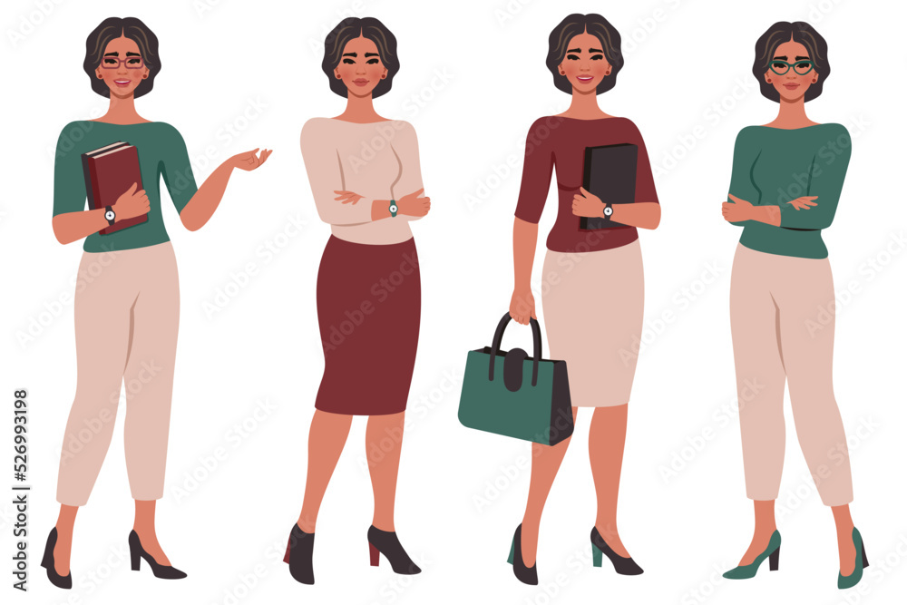 Obraz premium Set of сonfident beautiful young women in different poses. School or college teacher, office worker, businesswoman. Female flat character. Teachers' Day. Vector illustration
