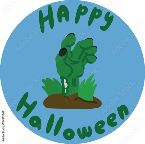 Concept postcard for holiday with zombie hand and inscription. Colored background. Design element isolated on blue background. Vector illustration