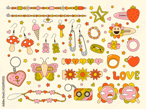 Vector set of colorful y2k accessories. 90s 00s cute earrings, rings, necklace, glasses, barrette. Vintage groovy jewellery collection. Funky bijouterie illustration