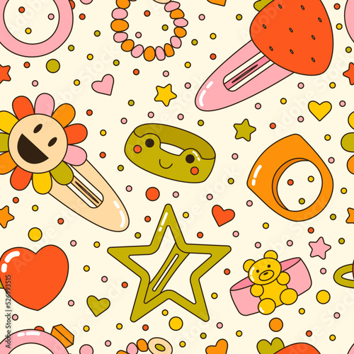 Vector seamless pattern with colorful y2k accessories. 90s 00s cute rings and hair clips background. Vintage groovy jewellery texture. Funky bijouterie illustration