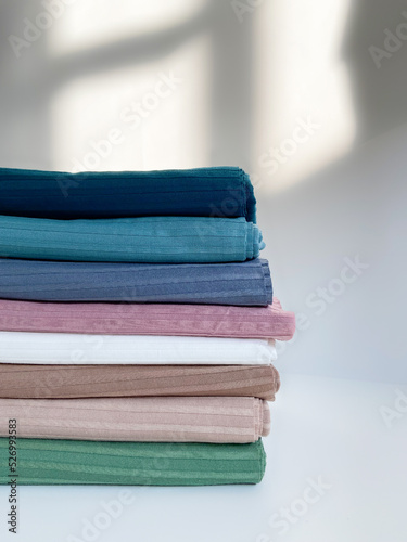 cotton fabrics in rolls, natural linen colors, fabric manufactory or shop for curtains and home textiles