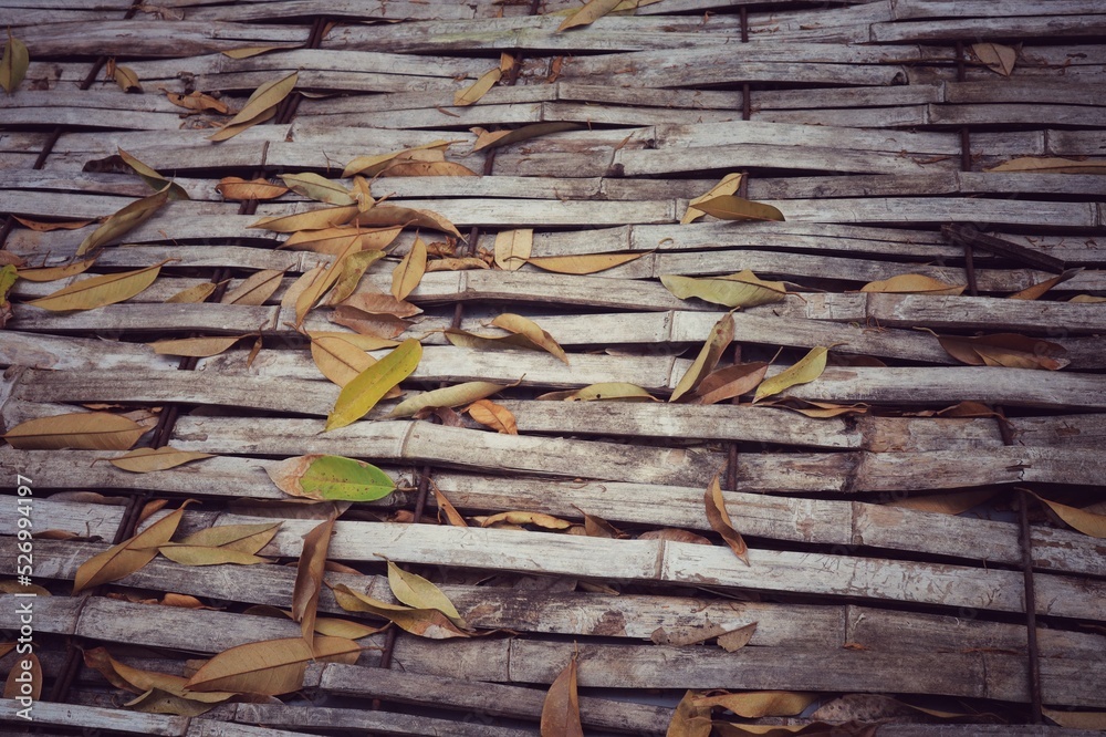 Old bamboo floor with dry leaves in autumn. Vintage style picture. Background and object concept. Old bamboo floor with dry leaves in autumn. Vintage style picture. Background and object concept.