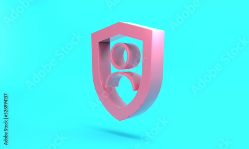 Pink Life insurance with shield icon isolated on turquoise blue background. Security, safety, protection, protect concept. Minimalism concept. 3D render illustration