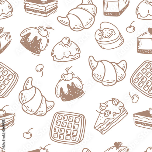 Seamless pattern with croissant and sweets, cakes, waffles, cream desserts with linear hand drawn doodle style