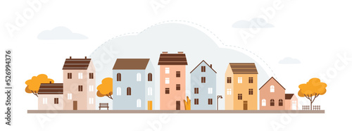 Cozy urban autumn landscape. Cute town with small houses. Architecture of city street. Exterior facade of residential building. Flat vector illustration isolated on white background.