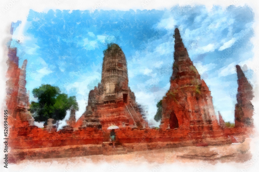 Landscape of ancient ruins in Ayutthaya World Heritage watercolor painting impressionist painting.