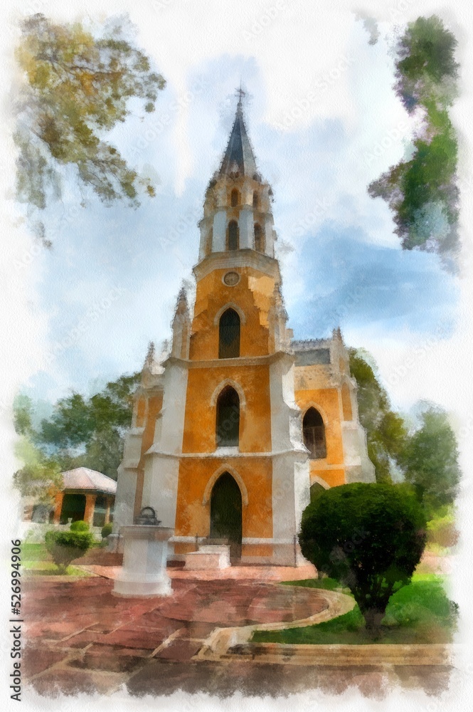 landscape of yellow ancient gothic architecture ancient church watercolor style illustration impressionist painting. landscape of yellow ancient gothic architecture ancient church watercolor style illustration impressionist painting.