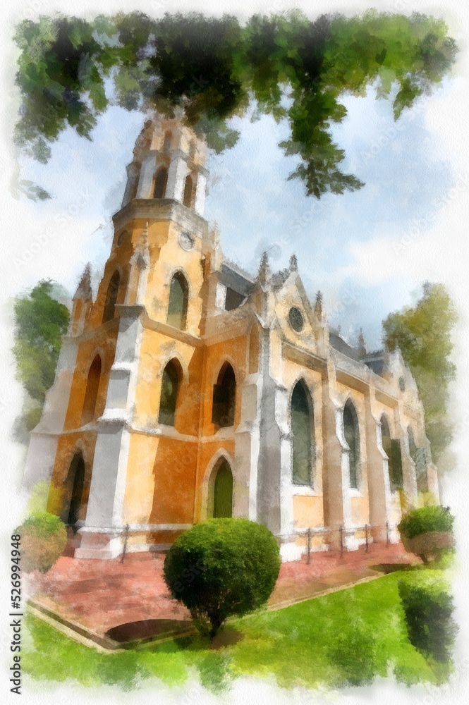 landscape of yellow ancient gothic architecture ancient church watercolor style illustration impressionist painting.