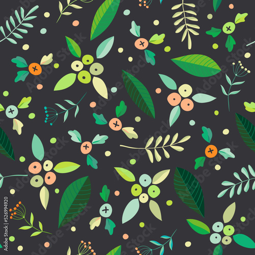 Green herbs seamless pattern. Leaves, wildflowers and berries. Vector illustration with different plants and branches on dark brown background.