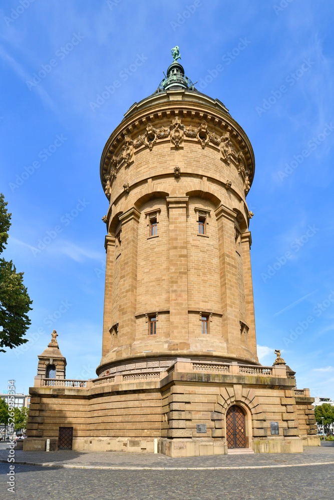 Mannheim, Germany - Water Tower called 'Wasserturm', a landmark of German city Mannheim in small public park on sunny day