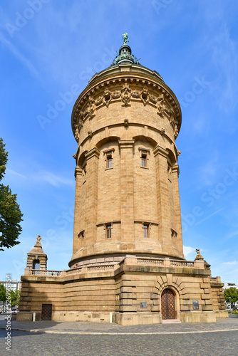 Mannheim, Germany - Water Tower called 'Wasserturm', a landmark of German city Mannheim in small public park on sunny day