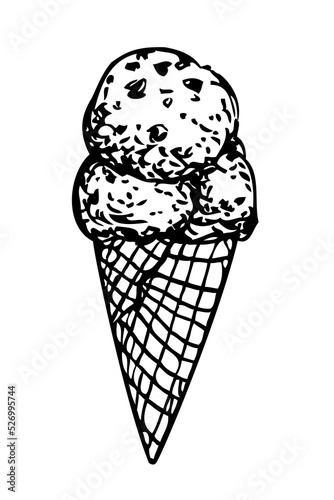 Ice cream cone hand drawn with ink - sketchy illustration, black and white, uncolored ice-cream with chocolate chips, engraving, coloring page, sweet and cold - element for a menu