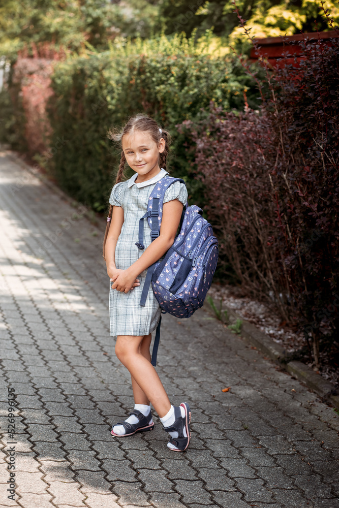 A little girl in a dress with pigtails holds large blue backpack and walks on road alley. First september day in elementary school. A little girl in a dress with pigtails holds large blue backpack and walks on road alley. First september day in elementary school.