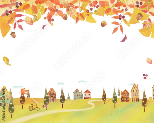 秋の紅葉した葉っぱのある景色とかわいいレトロな街並みの北欧風ベクターフレーム白バック背景素材