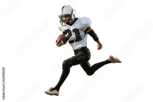 Dynamic portrait of sportive man, american football player in uniform playing, training isolated over white background © Lustre
