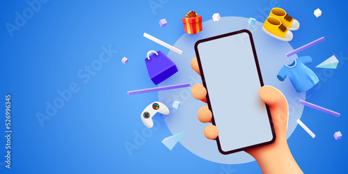 Hand holding mobile smart phone with shopp app and fashion items. Online shopping concept. Vector illustration