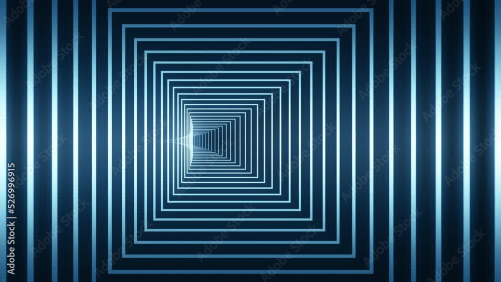 Moving in futuristic sci-fi tunnel with neon lights. Seamless loop, endless concentric rectangle lines. Digitally generated animation. 4k
