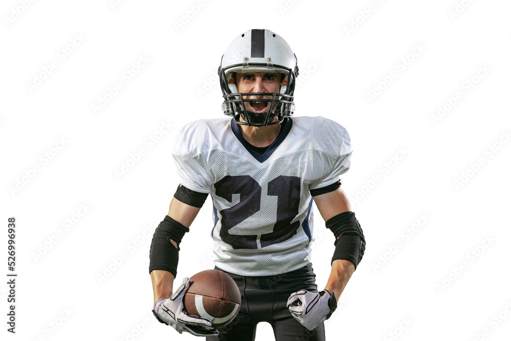 Portrait of professional american football player in uniform, helmet, with ball shouting before game to rise team spirit