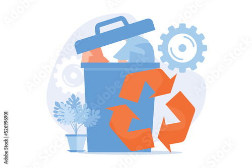 Bin for recyclable waste. Urban trashbin, garbage sorting, junk utilization. Cartoon isolated can with rubbish. Metal dustbin with lid. flat vector modern illustrationrint