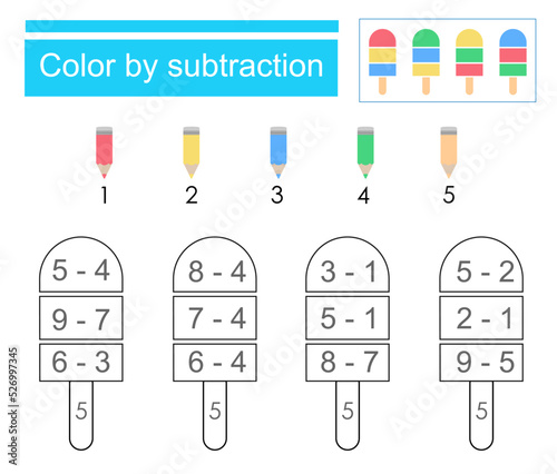 Coloring pages. Color by subtraction. Vector illustration for children education. Flat design