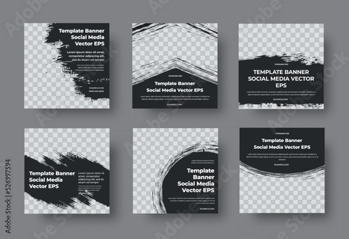 EPS square vector web banner template, black background with company info, geometric place for photo with brush strokes. Set.