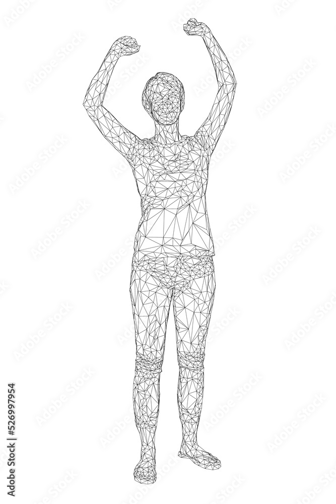 Wireframe of woman with raised hands from black lines isolated on white background. The girl rejoices. 3D. Vector illustration. Wireframe of woman with raised hands from black lines isolated on white background. The girl rejoices. 3D. Vector illustration.
