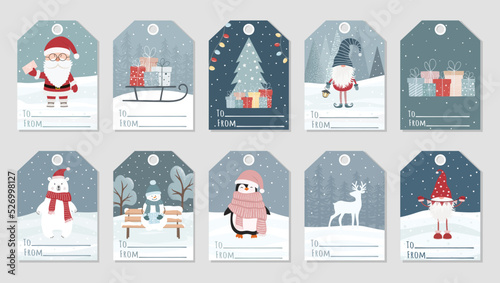 Set of cute Christmas and New Year gift tags. Vector greeting card designs with Santa Claus, scandinavian gnome, snowman, penguin, deer, gift boxes, christmas tree and other elements.