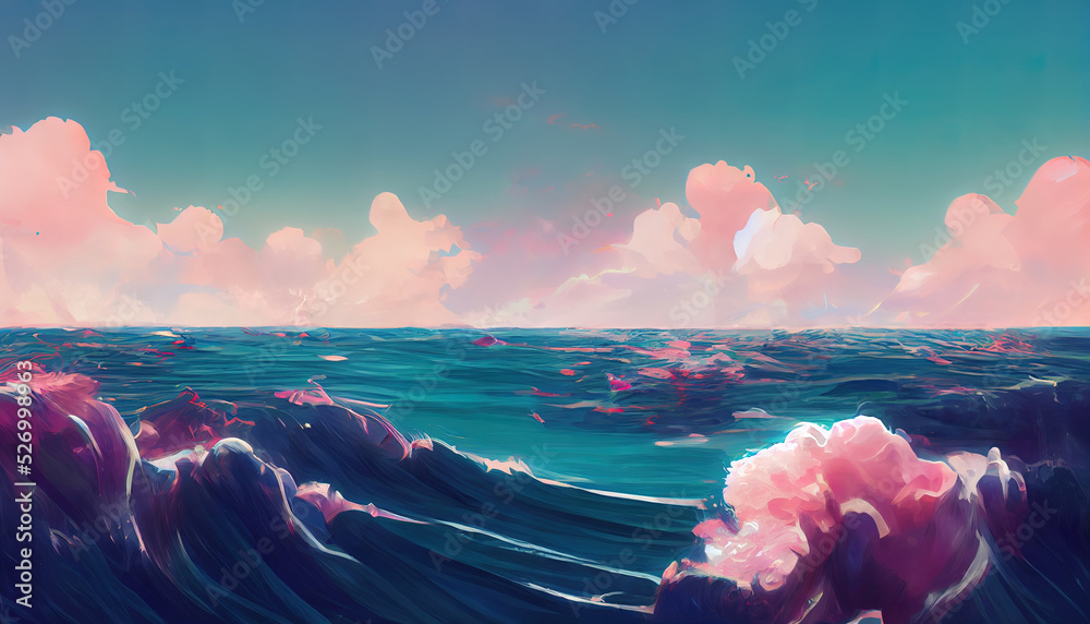 Ocean with waves. Digital painting of a calm peaceful view of the sea