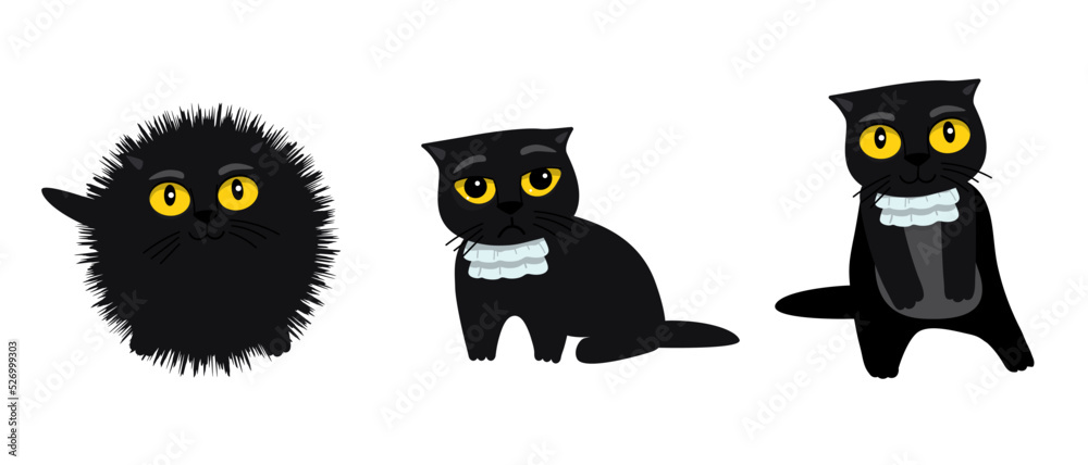 Set of black cat emoji. Crazy kitten with different emotions. Angry ...