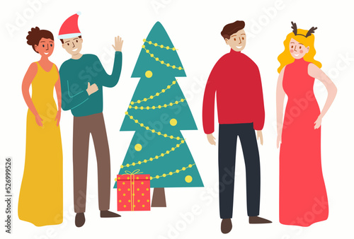 People have fun on the christmas party set. Party in happy company of friends. New Year celebration cartoon flat illustration. Isolated on white background.