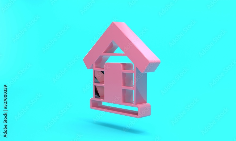 Pink Dog house icon isolated on turquoise blue background. Dog kennel. Minimalism concept. 3D render illustration Pink Dog house icon isolated on turquoise blue background. Dog kennel. Minimalism concept. 3D render illustration