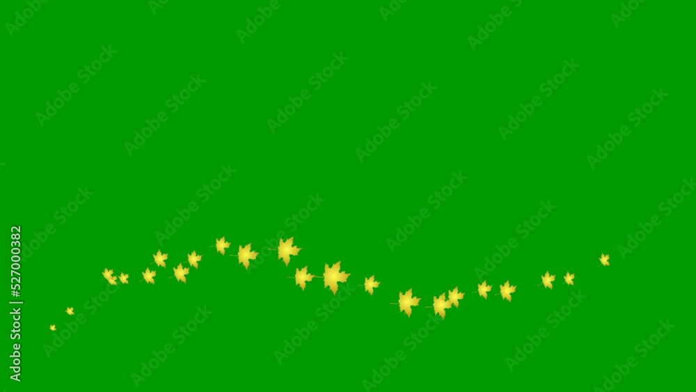 Animated golden autumn leaves fly from left to right. Looped video. A wave of flying leaves on green background. Animated golden autumn leaves fly from left to right. Looped video. A wave of flying leaves on green background.