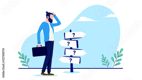 Business crossroads - Businessman standing by directional sign trying to make decision for future direction. Confusion and choices concept. Flat design vector illustration with white background