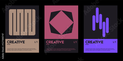 Meta modern aesthetics of swiss design poster collection layout. Brutalist-inspired vector graphics template set featuring bold typography and abstract geometric shapes.