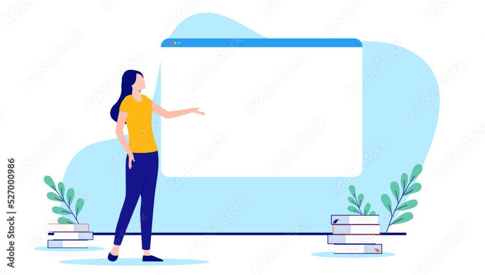 Presenting blank web page - Woman standing with empty internet browser, write your own text template. Flat design vector illustration with white background