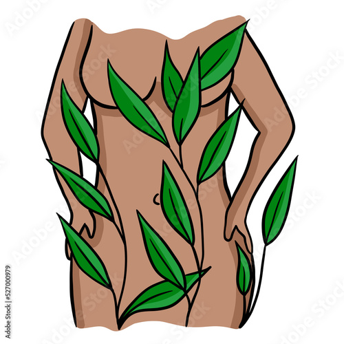 Hand drawn illustration of naked nude woman with brwon skin in the branches leaves nature. Sensual harmony, elegant fit feamle body, spa mediation healthcare concept. Topless torso young stylized. photo